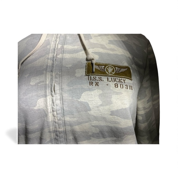 Lucky Brand Vintage Inspired Light Gray Camo Zip Up Embroidered Large Hoodie - Picture 5 of 16